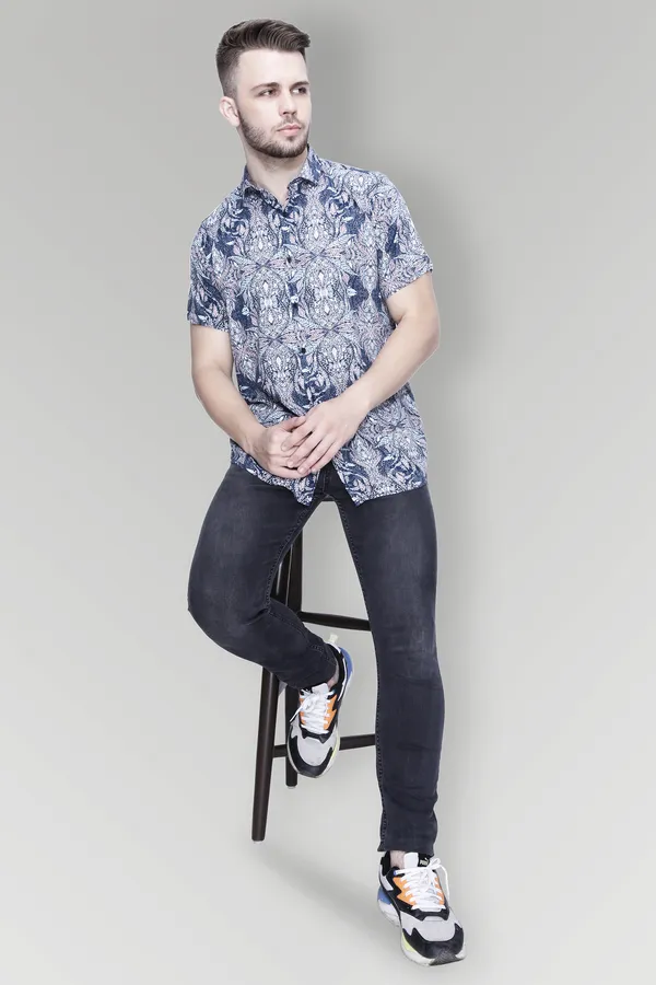 Blue_Rayon_Leaf_Slim_Fit_Half_Sleeve_Shirt_For_Men