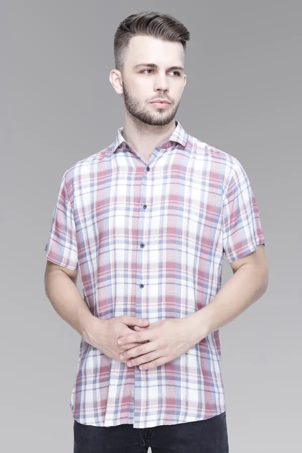 White_Rayon_Checks_Slim_Fit_Half_Sleeve_Shirt_For_Men
