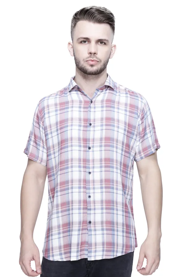 White_Rayon_Checks_Slim_Fit_Half_Sleeve_Shirt_For_Men