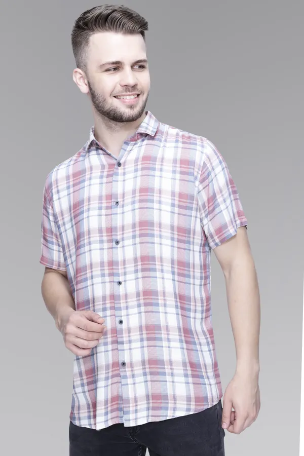 White_Rayon_Checks_Slim_Fit_Half_Sleeve_Shirt_For_Men