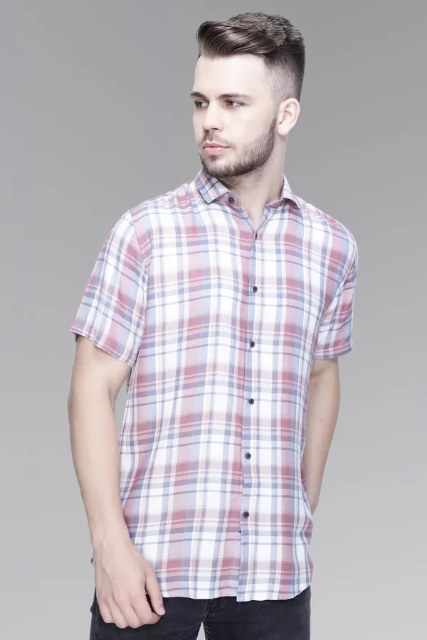 White_Rayon_Checks_Slim_Fit_Half_Sleeve_Shirt_For_Men