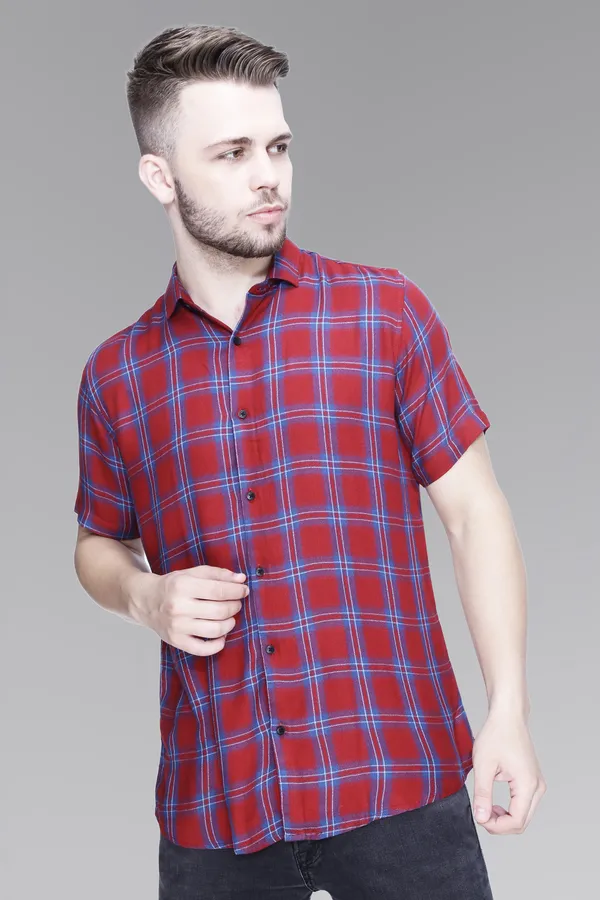 Maroon_Rayon_Checks_Slim_Fit_Half_Sleeve_Shirt_For_Men