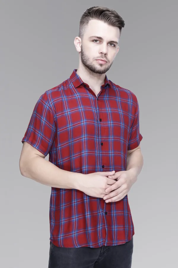 Maroon_Rayon_Checks_Slim_Fit_Half_Sleeve_Shirt_For_Men