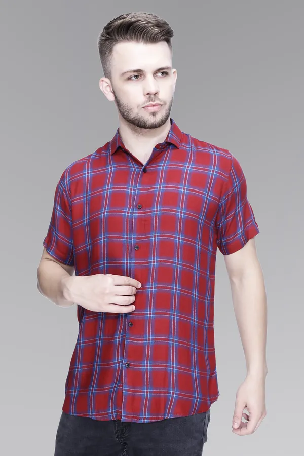 Maroon_Rayon_Checks_Slim_Fit_Half_Sleeve_Shirt_For_Men