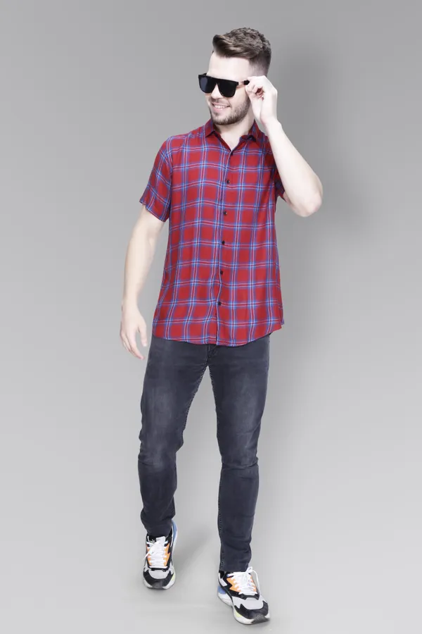 Maroon_Rayon_Checks_Slim_Fit_Half_Sleeve_Shirt_For_Men