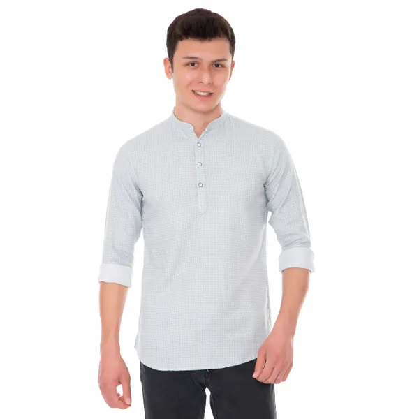 White_Cotton_Geometric_Slim_Fit_Short_Kurta_For_Men