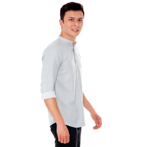 White_Cotton_Geometric_Slim_Fit_Short_Kurta_For_Men