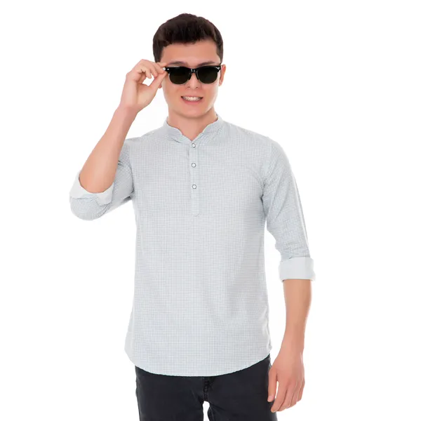White_Cotton_Geometric_Slim_Fit_Short_Kurta_For_Men