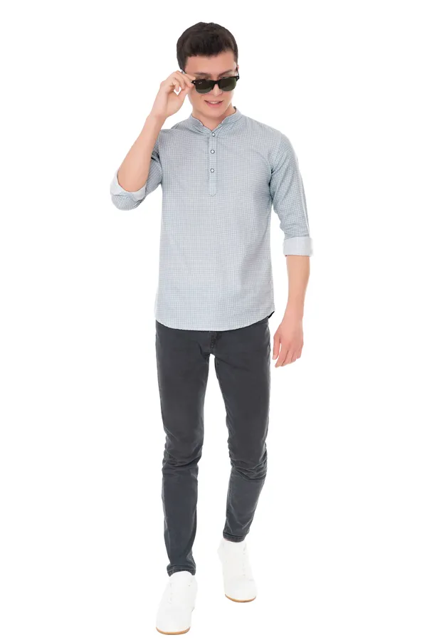White_Cotton_Geometric_Slim_Fit_Short_Kurta_For_Men