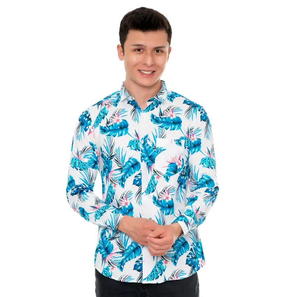 White_And_Blue_Cotton_Floral_Slim_Fit_Full_Sleeve_Shirt_For_Men