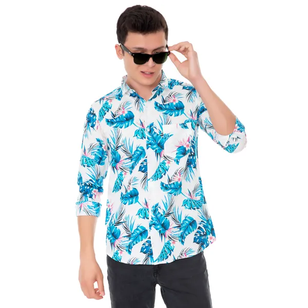 White_And_Blue_Cotton_Floral_Slim_Fit_Full_Sleeve_Shirt_For_Men