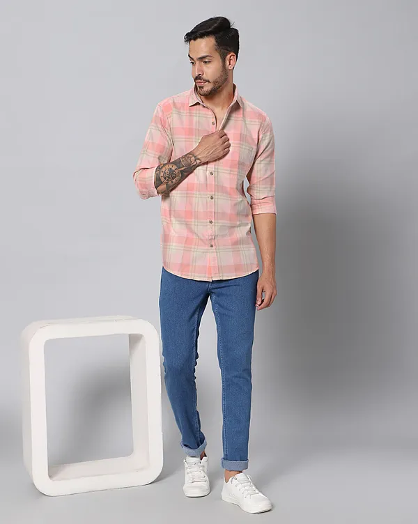 Peach_Cotton_Checks_Slim_Fit_Full_Sleeve_Shirt_For_Men