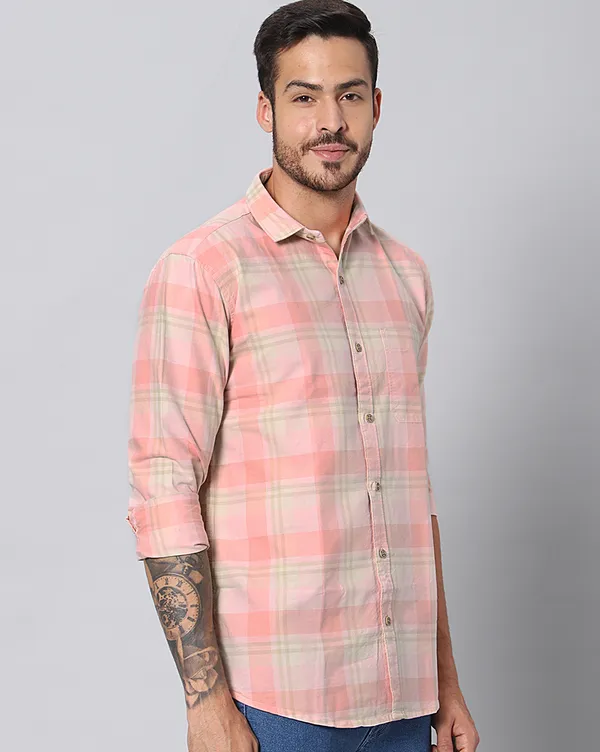 Peach_Cotton_Checks_Slim_Fit_Full_Sleeve_Shirt_For_Men