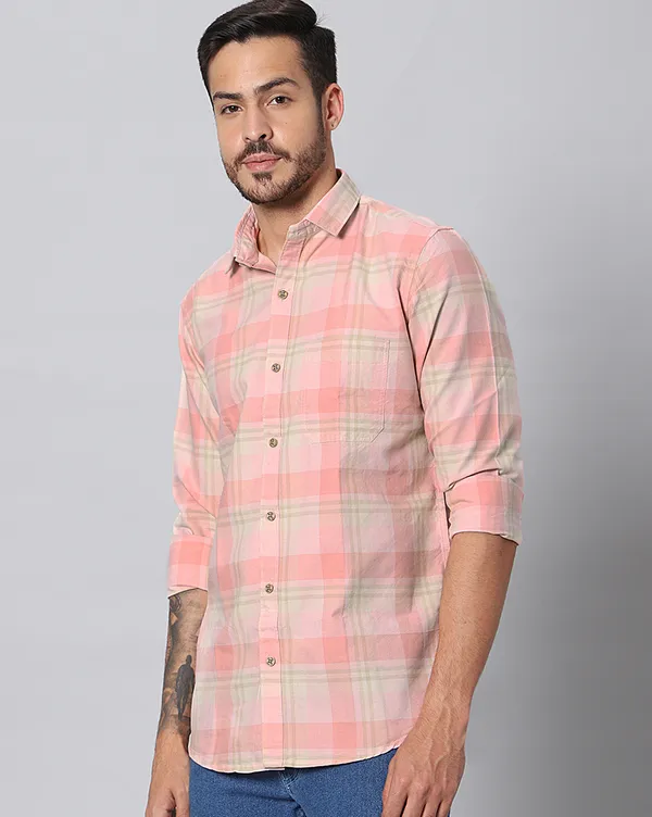 Peach_Cotton_Checks_Slim_Fit_Full_Sleeve_Shirt_For_Men