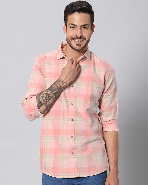 Peach_Cotton_Checks_Slim_Fit_Full_Sleeve_Shirt_For_Men