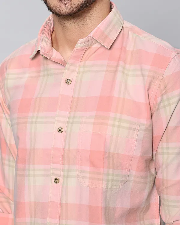 Peach_Cotton_Checks_Slim_Fit_Full_Sleeve_Shirt_For_Men