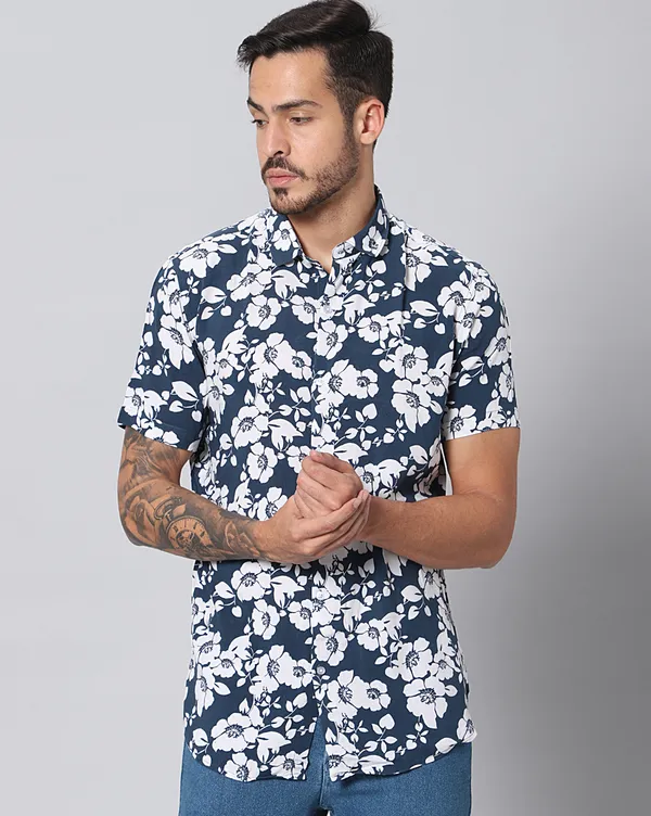 Blue_Rayon_Floral_Slim_Fit_Half_Sleeve_Shirt_For_Men