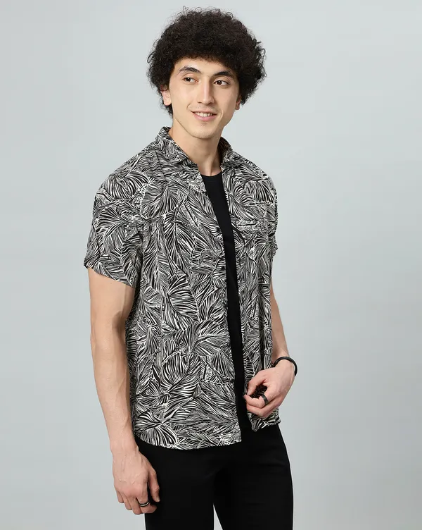 Black_Rayon_Leaf_Regular_Fit_Half_Sleeve_Shirt_For_Men