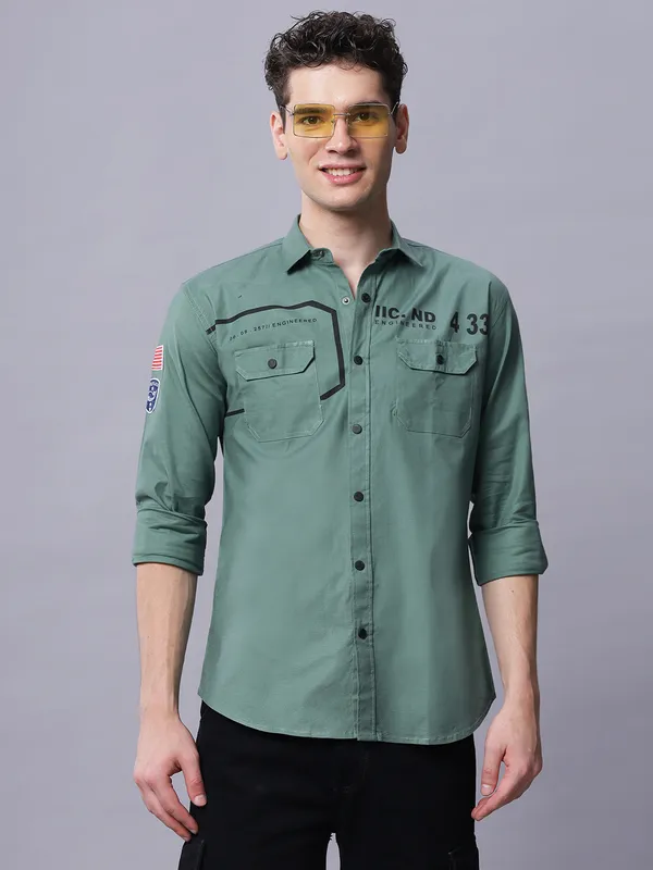 Green_Slim_Fit_Full_Sleeves_Shirt_With_Cargo_Pockets_For_Men
