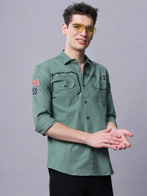 Green_Slim_Fit_Full_Sleeves_Shirt_With_Cargo_Pockets_For_Men
