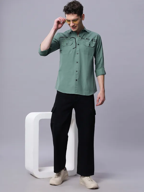 Green_Slim_Fit_Full_Sleeves_Shirt_With_Cargo_Pockets_For_Men