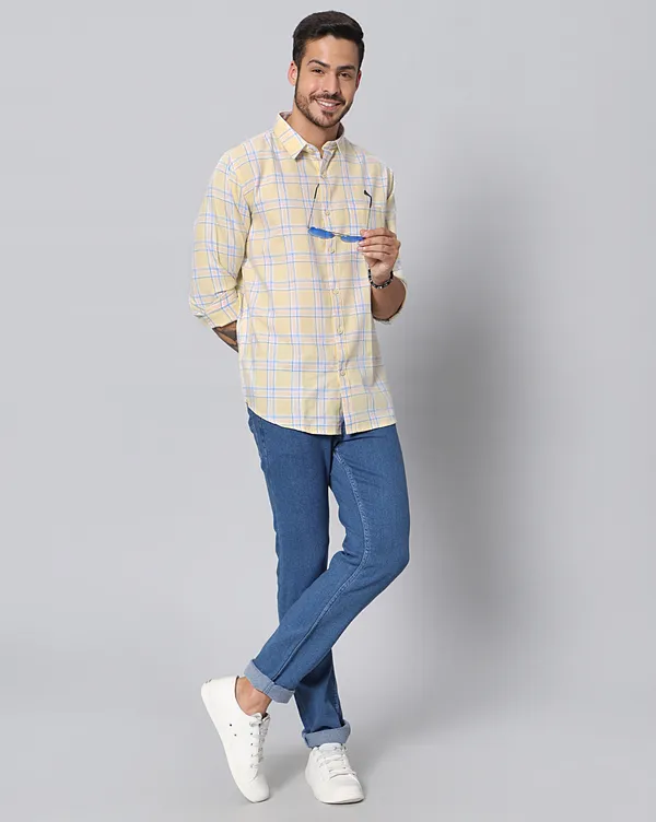 Yellow_Cotton_Checks_Slim_Fit_Full_Sleeve_Shirt_For_Men