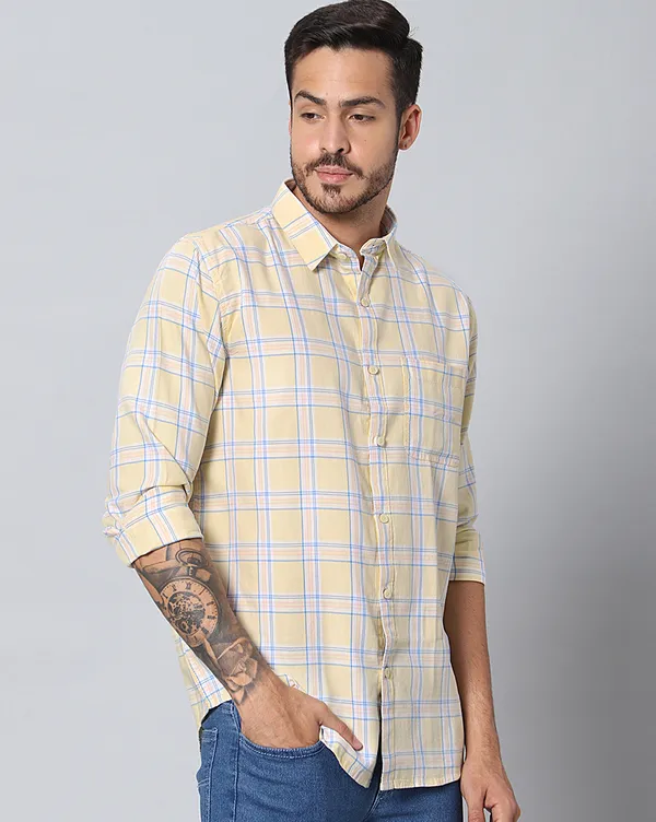 Yellow_Cotton_Checks_Slim_Fit_Full_Sleeve_Shirt_For_Men
