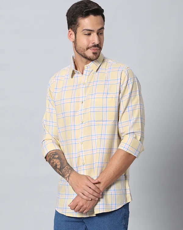 Yellow_Cotton_Checks_Slim_Fit_Full_Sleeve_Shirt_For_Men