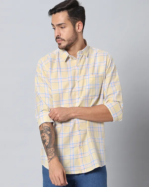 Yellow_Cotton_Checks_Slim_Fit_Full_Sleeve_Shirt_For_Men