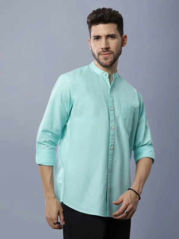 Mens_Solid_Linen_Blend_Mandarin_Collar_Regular_Fit_Full_Sleeves_Shirt