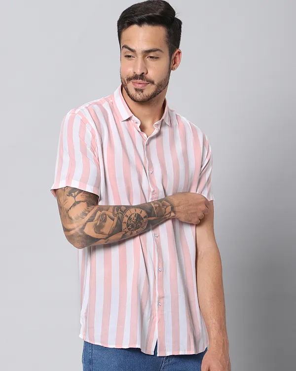 Pink_Rayon_Stripes_Slim_Fit_Half_Sleeve_Shirt_For_Men