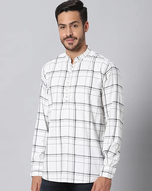 White_Cotton_Checks_Loose_Fit_Full_Sleeve_Short_Kurta_For_Men