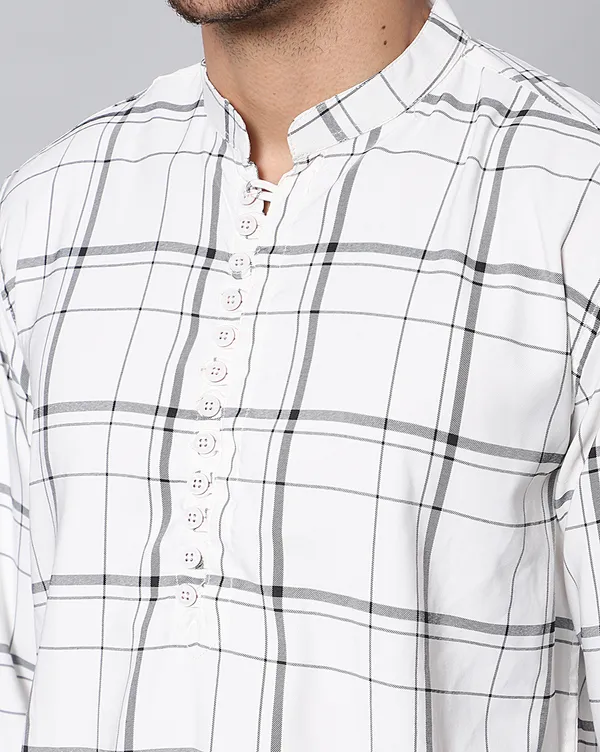 White_Cotton_Checks_Loose_Fit_Full_Sleeve_Short_Kurta_For_Men