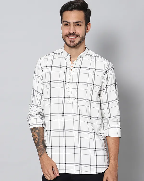 White_Cotton_Checks_Loose_Fit_Full_Sleeve_Short_Kurta_For_Men