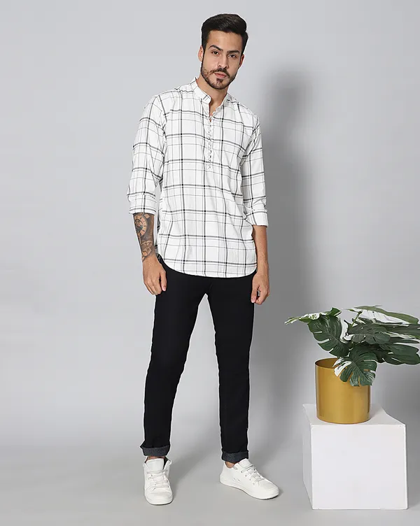 White_Cotton_Checks_Loose_Fit_Full_Sleeve_Short_Kurta_For_Men