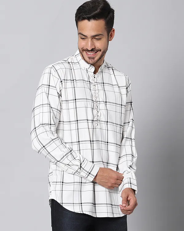 White_Cotton_Checks_Loose_Fit_Full_Sleeve_Short_Kurta_For_Men