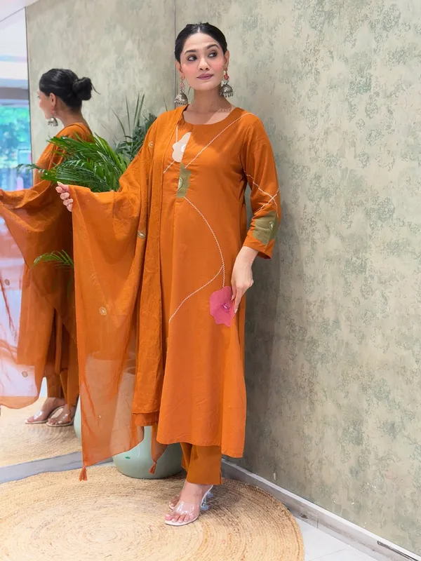 Orange_Cotton__Kurta_Pant_with_Dupatta_Set
