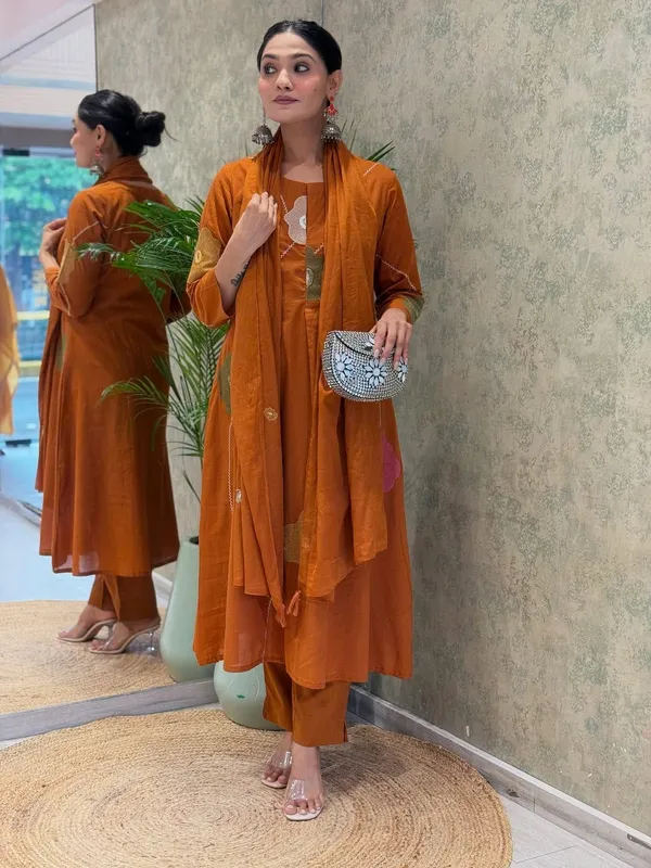 Orange_Cotton__Kurta_Pant_with_Dupatta_Set