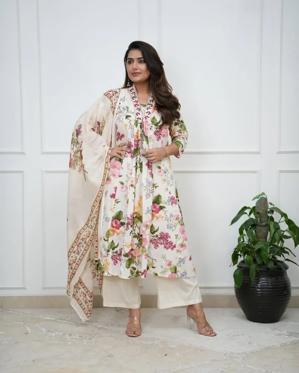 White_Pure_Cotton_Floral_Print_Three_Piece_Anarkali_Dupatta_Set_With_Plazzo