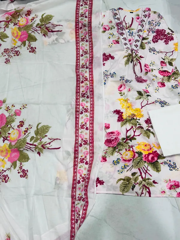 White_Pure_Cotton_Floral_Print_Three_Piece_Anarkali_Dupatta_Set_With_Plazzo