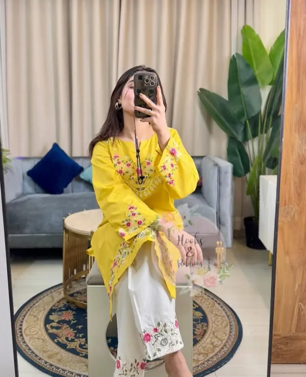 Yellow_Floral_Embroidered_Kurti_With_White_Pant_Set