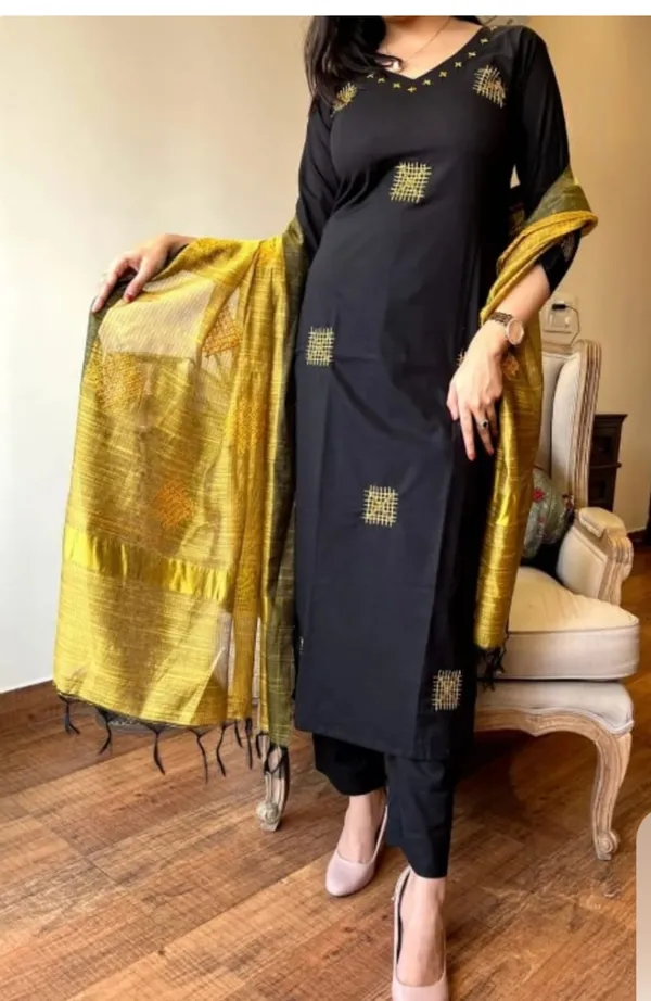 Black_Cotton_Handloom_Kurta_Pant_With_Dupatta_Set_For_Women
