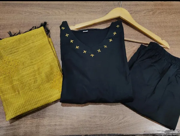 Black_Cotton_Handloom_Kurta_Pant_With_Dupatta_Set_For_Women