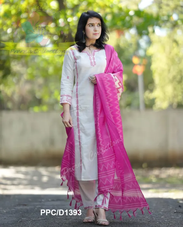 White_Cotton_Slub_Handloom_Kurta_Pant_With_Dupatta_Set_For_Women