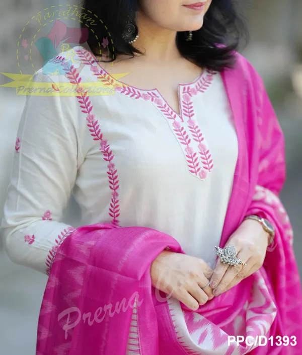 White_Cotton_Slub_Handloom_Kurta_Pant_With_Dupatta_Set_For_Women