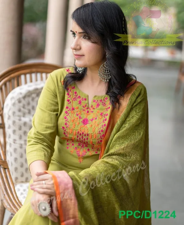 Mehndi_Cotton_Slub_Kurta_Pant_With_Dupatta_Set_For_Women