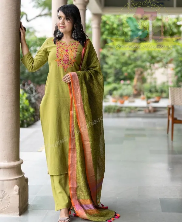 Mehndi_Cotton_Slub_Kurta_Pant_With_Dupatta_Set_For_Women