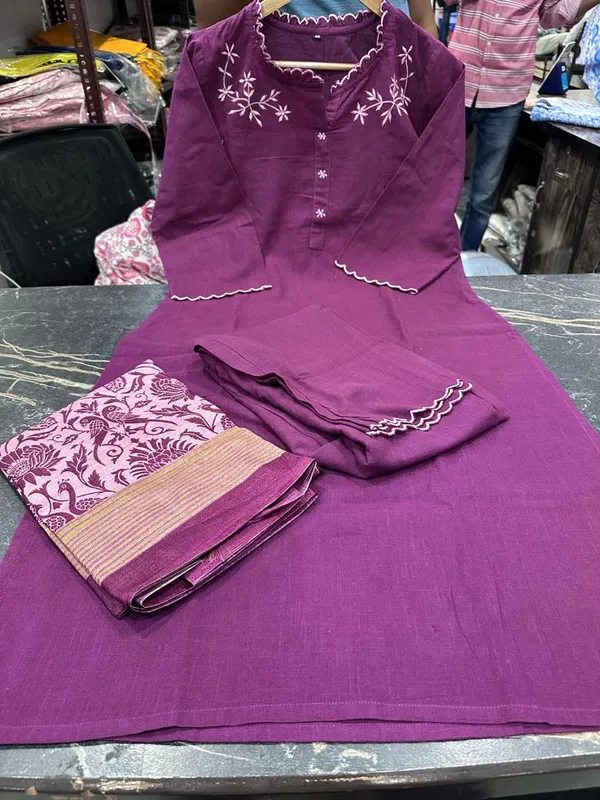 Wine_Colour_Cotton_Slub_Handloom_Kurta_Pant_With_Dupatta_Set