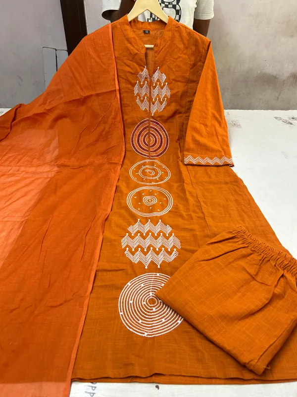 Rust_Cotton_Slub_handloom_kurta_pant_with_dupatta_set