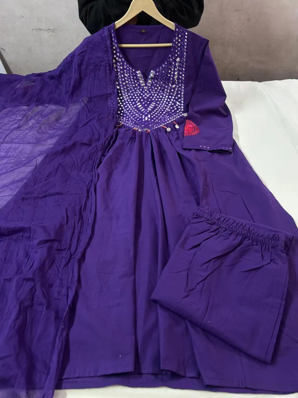 Purple_Flare_Embroidery_Design_Cotton_Slub_Kurta_Pant_with_Dupatta_Set